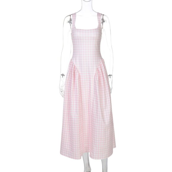 ✨ NEW Pink Gingham Print Full Skirt Midi Dress - Picture 7 of 15